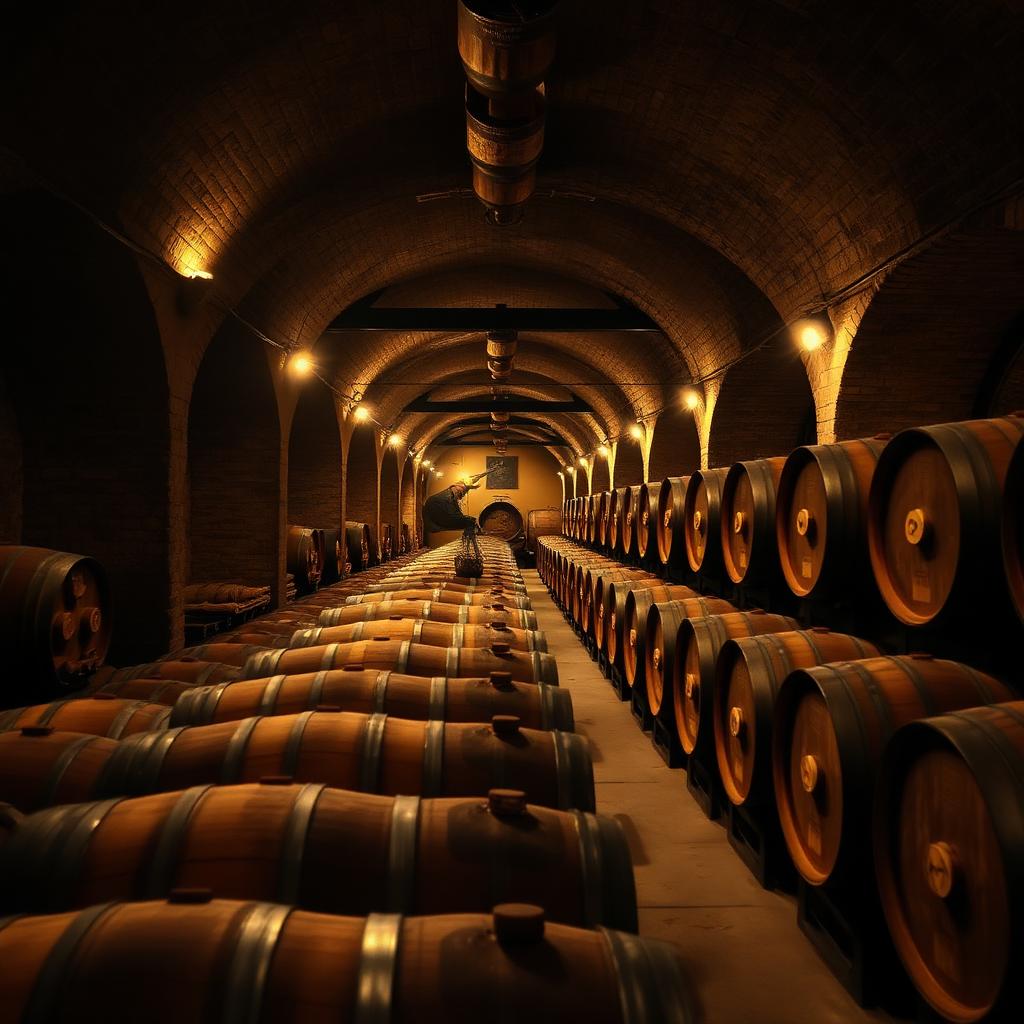 Podrum vinarije sa redovima hrastovih buradi pod toplim svetlom